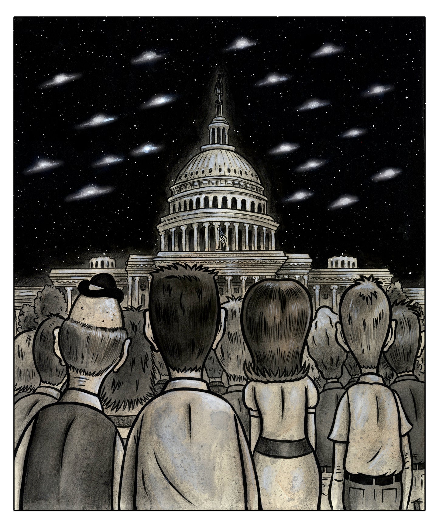 "SAUCERS OVER WASHINGTON" 13X19 UFO Print by Frank Forte