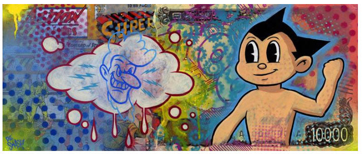 "ASTROBOY VS. THOUGHT BUBBLE" Neo-pop Art Original painting by Dr. Smash! 12x28