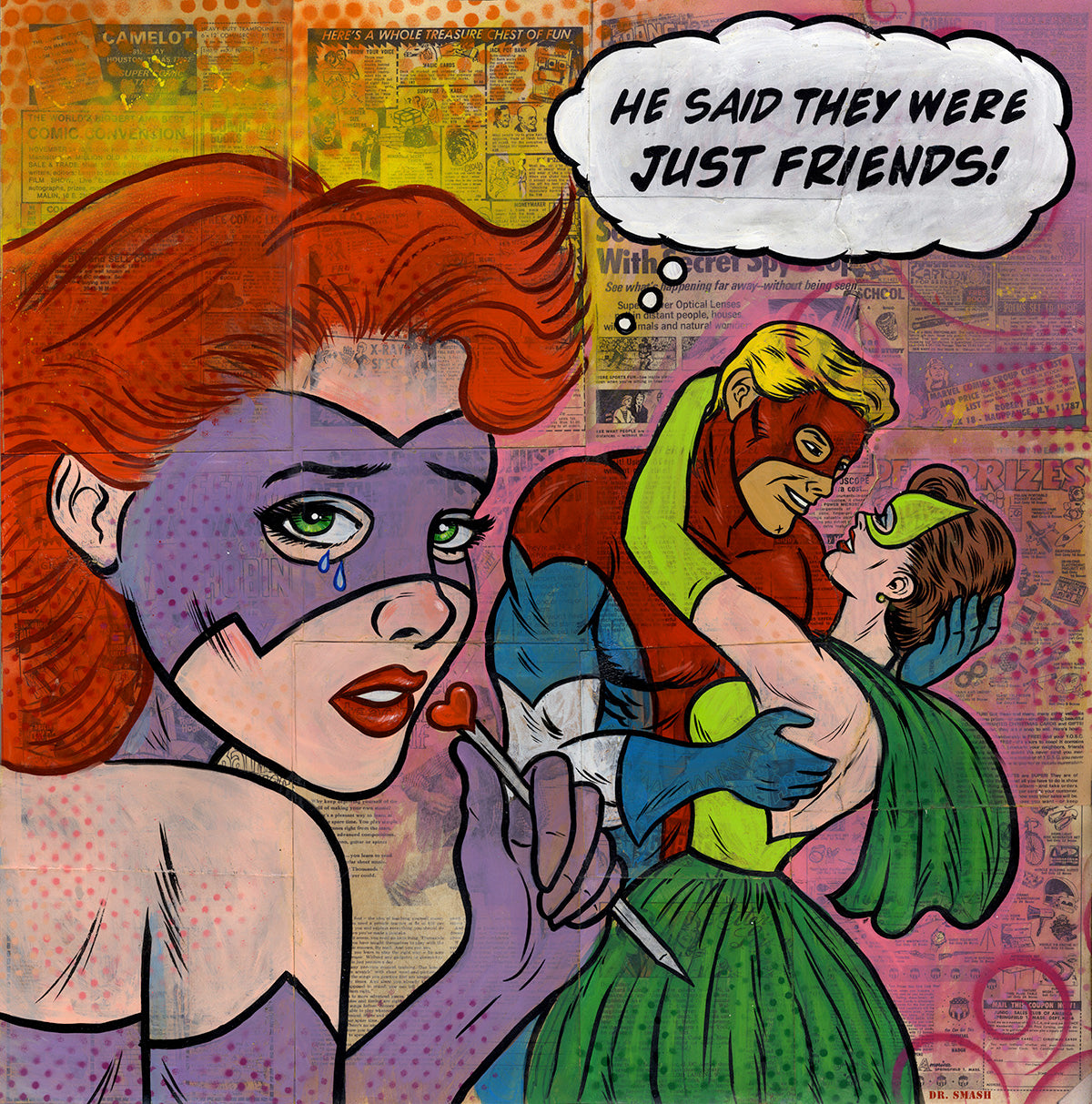 "HE SAID THEY WERE JUST FRIENDS" Neo-pop Art Original painting by Dr. Smash! 24x24