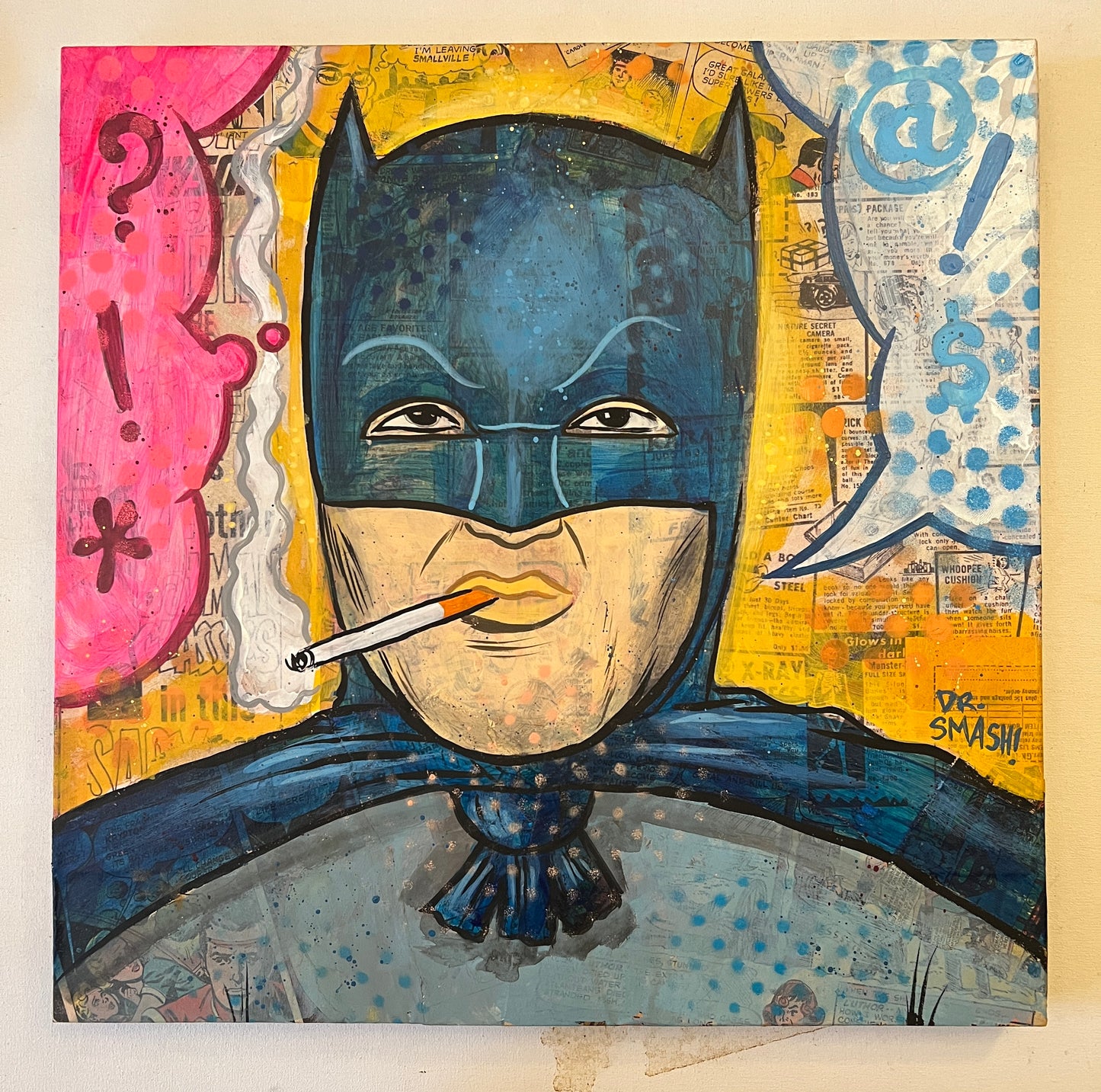 Batman ‘66 with Cigarette Neo-pop Art Original painting by Dr. Smash! 12x28