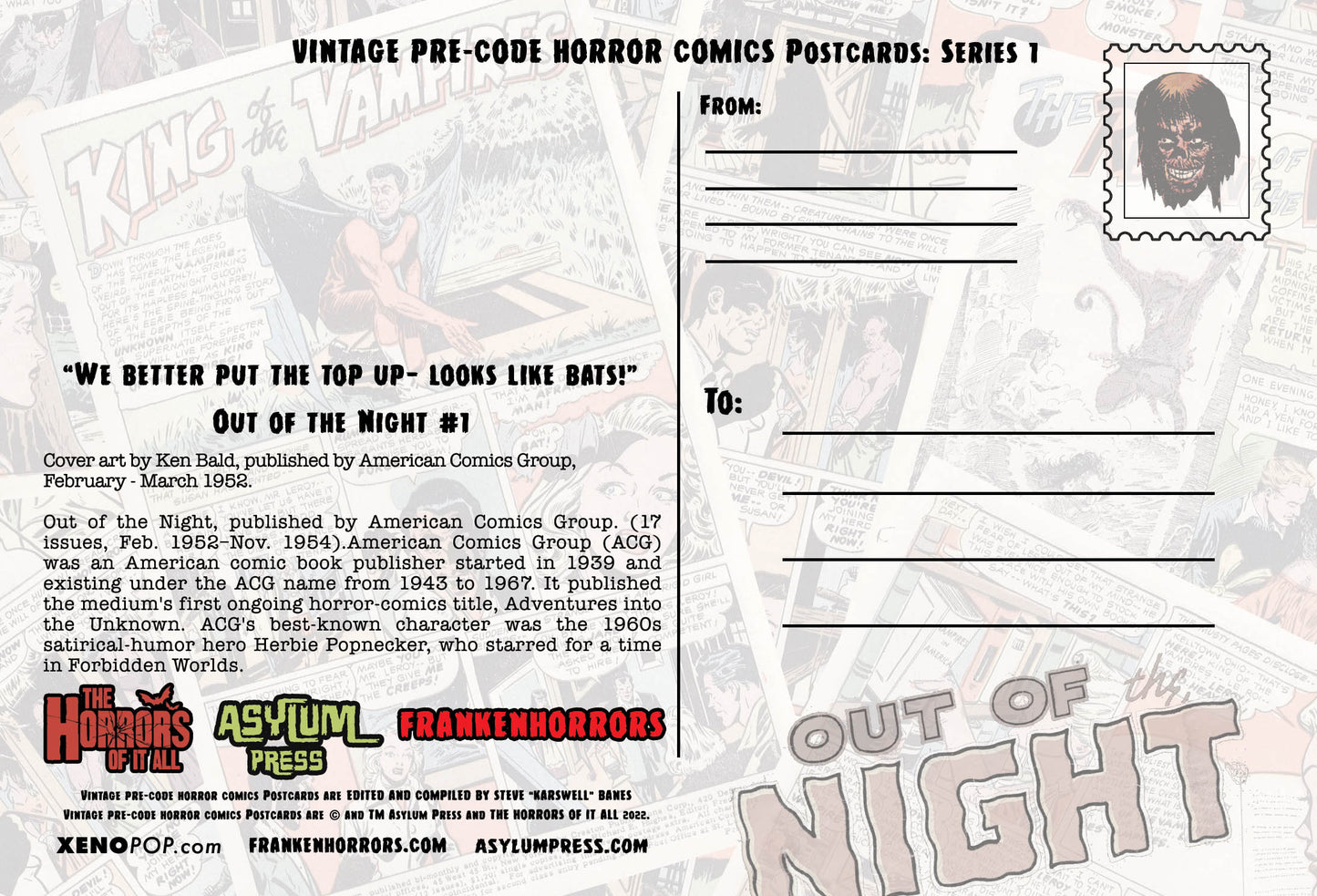 VINTAGE HORROR COMICS HALLOWEEN POSTCARD OUT OF THE NIGHT